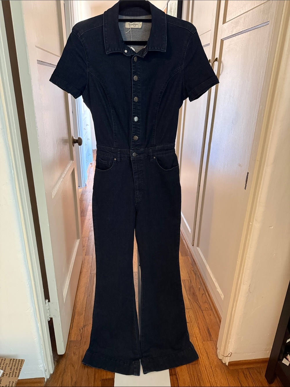 Jessica Simpson Dark Wash Short-Sleeve Denim Jumpsuit Bootcut Flares